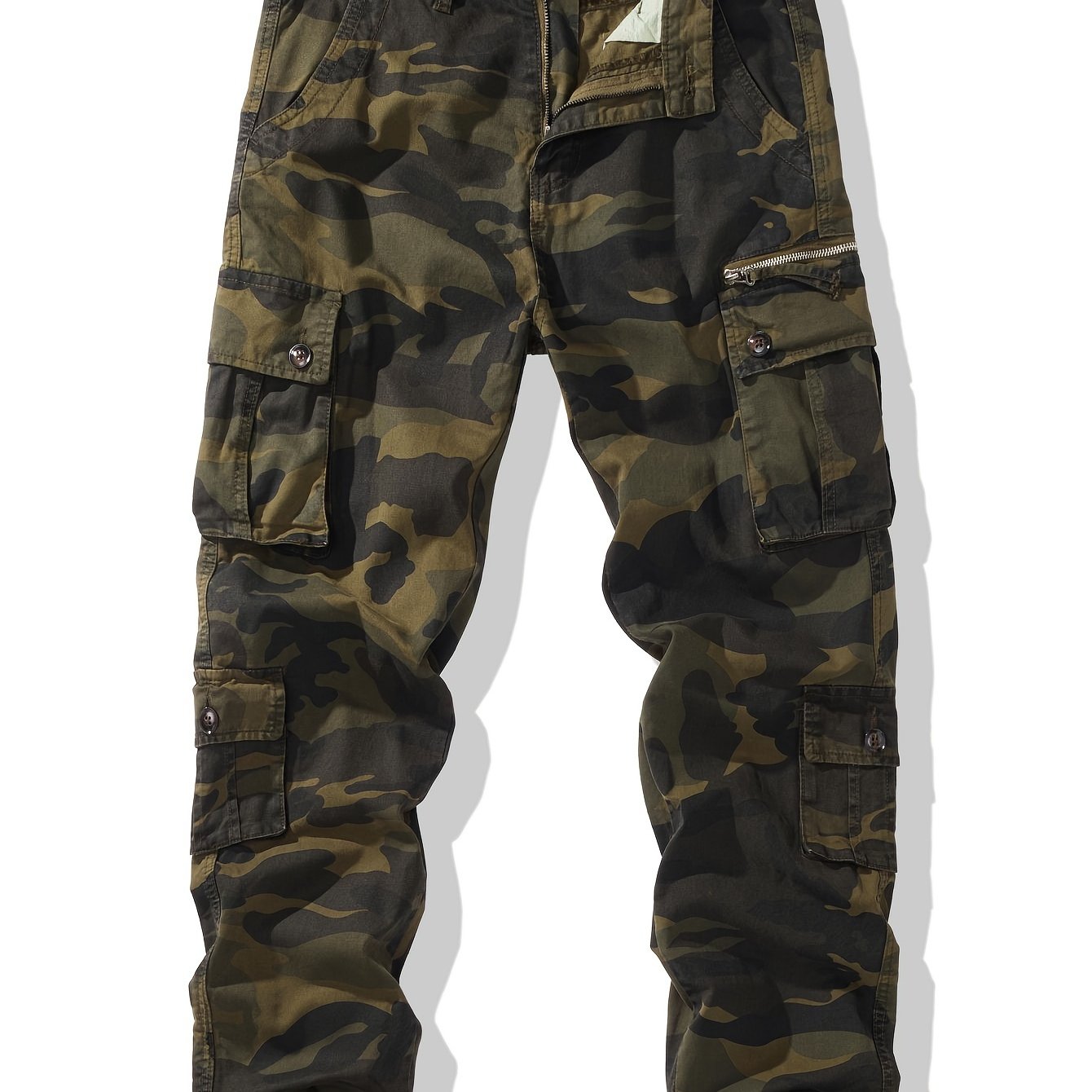 Men's trendy camouflage cargo pants in cotton with a multi-pocket utility design, non-stretch fabric for fall, and plus size options. Ideal for casual streetwear with a smooth texture.