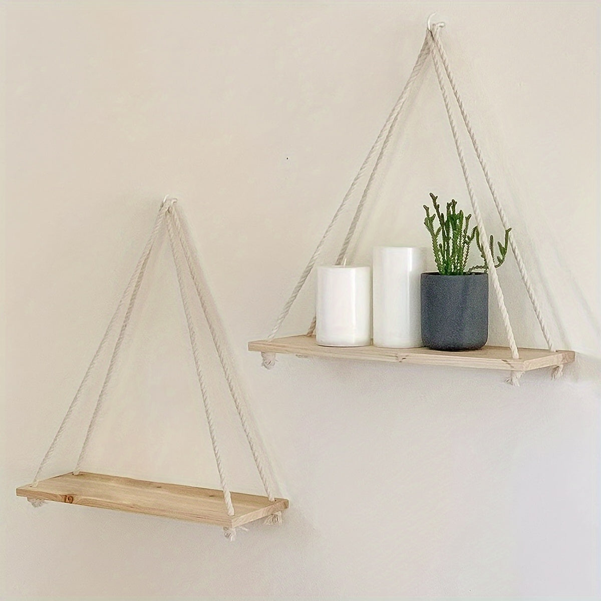 Wooden Swing Wall Rack with Hanging Rope for Plant Pot Storage and Garden Decoration in Floating Home Living Room.