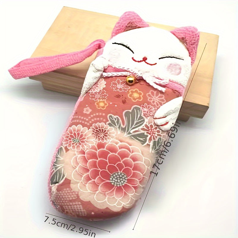 Soft fabric glasses case featuring a lucky cat design, perfect for storing eyewear in a Chinese-inspired knitted style pouch. Lens case included.