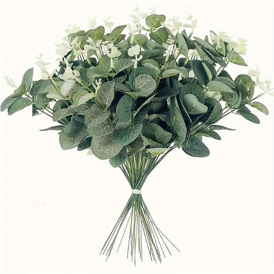 Bundle of 10 artificial eucalyptus leaves for wedding decor, bouquets, wreaths, and window displays.