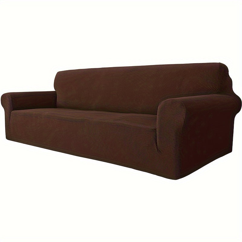 Jacquard fitted sofa slipcover with elastic band, machine washable polar fleece fabric. Compatible with various sofa sizes. Protects furniture from dust and cat scratches.