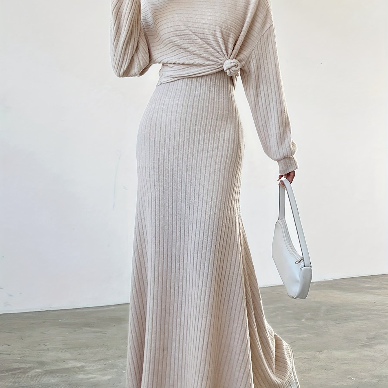 Solid color ribbed dress set with long sleeve cover up top and sleeveless tank dress, women's clothing.