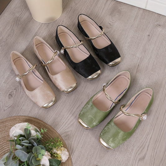 Women's elegant flat shoes with faux pearl decor, square toe, and ankle strap for lightweight comfort.