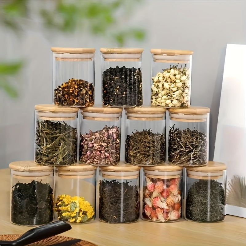 12-piece Glass Spice Jars Set with Bamboo Airtight Lids, Labels, and 8.5 Oz capacity. Complete kitchen tool for storing spices.