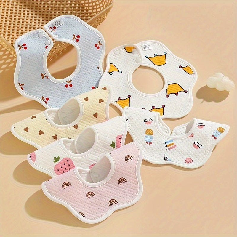 Three pieces of cotton bibs with a waterproof knitted petal design, featuring double hidden buttons for secure closure. These bibs are soft, absorbent, and perfect for keeping your little one clean during mealtime.