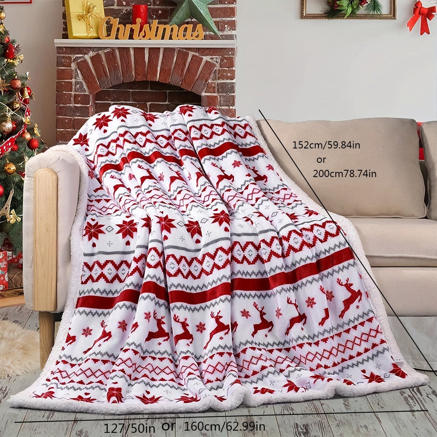 Christmas Sherpa Blanket perfect for boys and girls, featuring a festive holiday design with reindeer and snowflakes. Made from soft plush fleece, this warm winter cabin throw blanket is ideal for cozying up during the colder months.