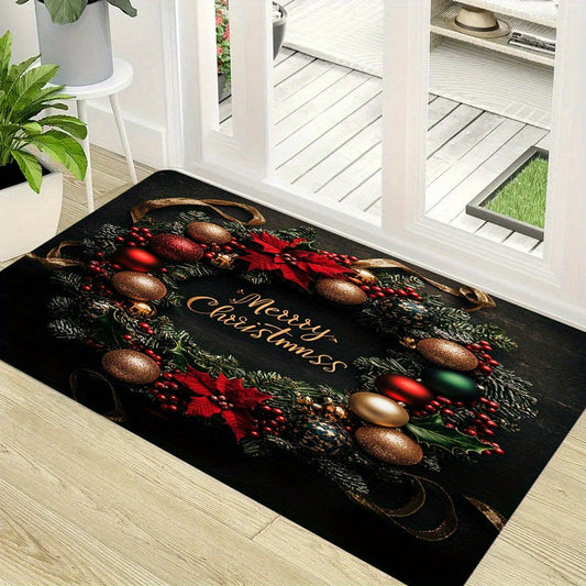 Set of three festive Christmas-themed door mats made from 100% polyester that are washable. These holiday decorative floor mats are perfect for the entryway, living room, bedroom, or kitchen.