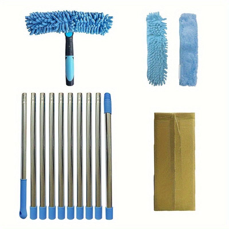 The 2-in-1 Window Cleaning Kit includes a double-sided squeegee and microfiber cloth with a telescopic handle. This reusable tool has a hard firmness for outdoor glass cleaning, no electricity needed. Available in Orange/Grey/Blue.