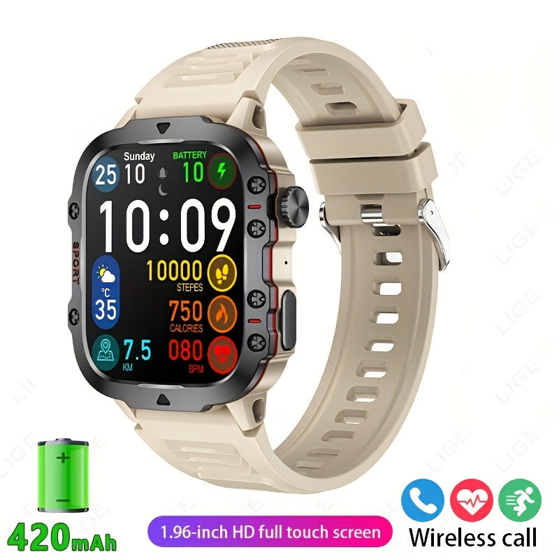 Large-screen smart watch with a 4.98 cm display, a powerful 420mAh battery for extended use, wireless calling capabilities, voice assistant, over 100 sports modes, weather updates, sleep tracking, sedentary reminders, remote camera control, and a