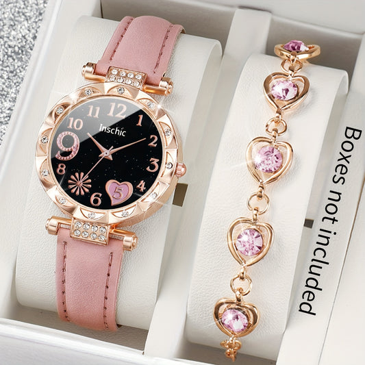 2-piece set without watch box: Women's quartz watch with love number dial and bracelet.