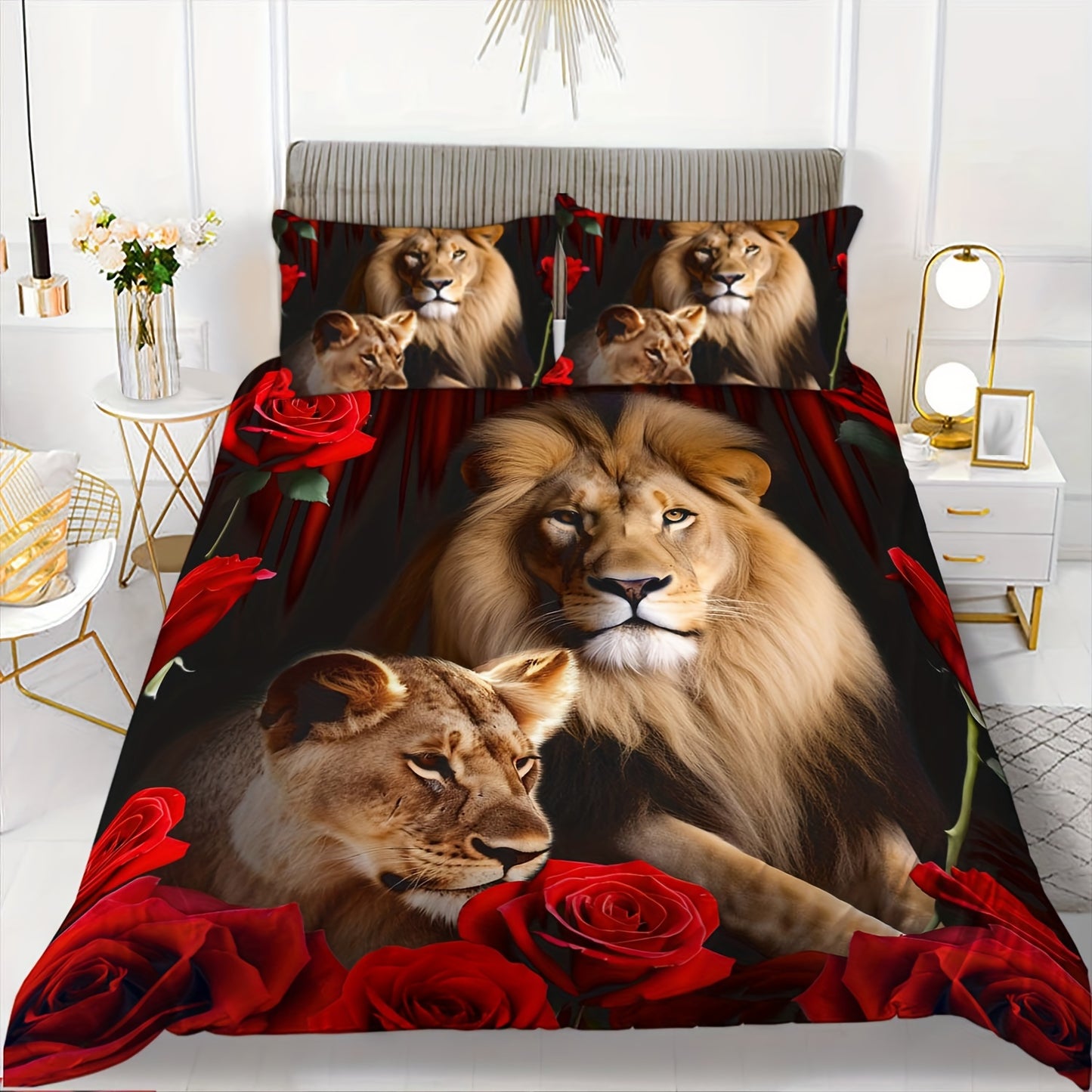 2/3pcs Duvet Cover Set, Soft and Comfortable featuring black lion duvet cover set in king size, lion twin bedding set for boys, 3d animal print duvet cover in queen size, and red rose queen