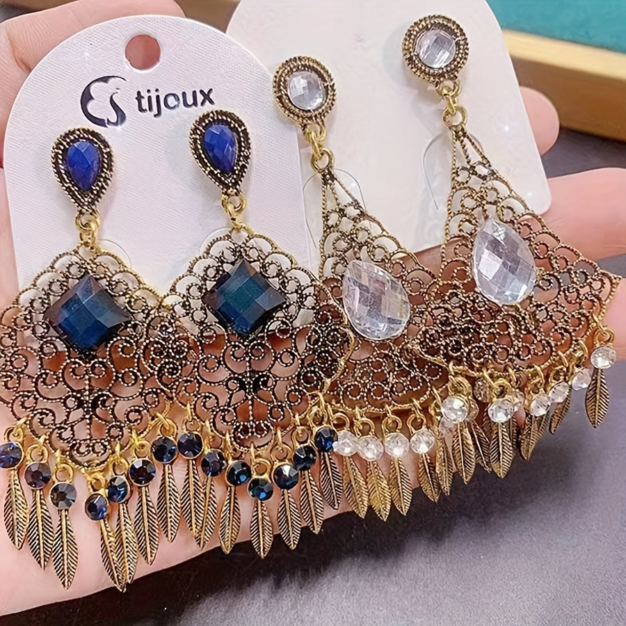 A set of 10 vintage tribal style copper alloy earrings featuring synthetic zirconia inlay, representing the August birthstone with religious symbols theme. These earrings have a copper ear needle and are non-feather, suitable for daily wear or parties.