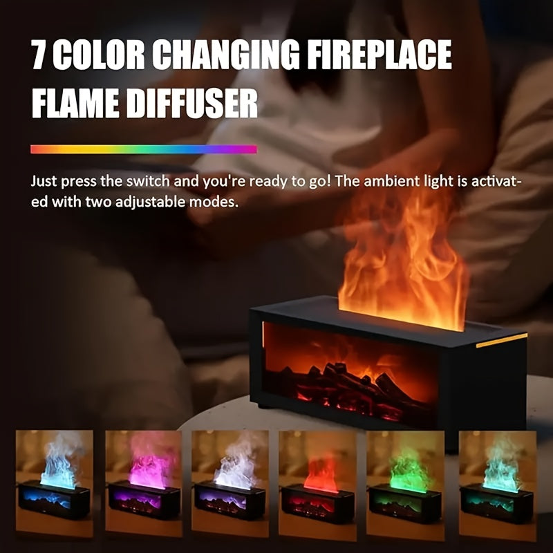 USB-powered aroma diffuser & humidifier in fireplace design, 5.07oz, with colorful flame, night light, timer, and auto shut-off for dry skin relief at home or office.