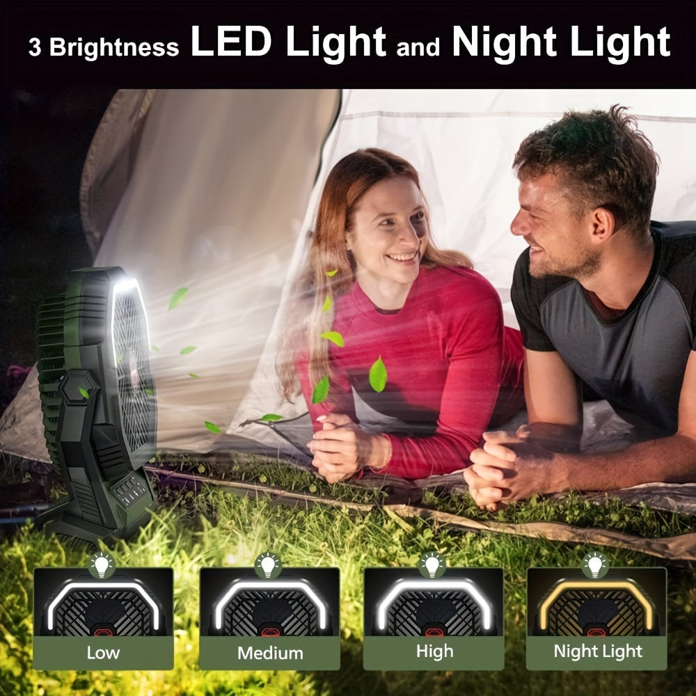 Portable Camping Fan with Rechargeable Battery, 4-Speed Settings, Lantern, Aroma Diffuser, Timer, and Fast Charging capabilities. Ideal for Camping, Beach trips, Home use, Office use, Job sites, and in case of Power Outages.