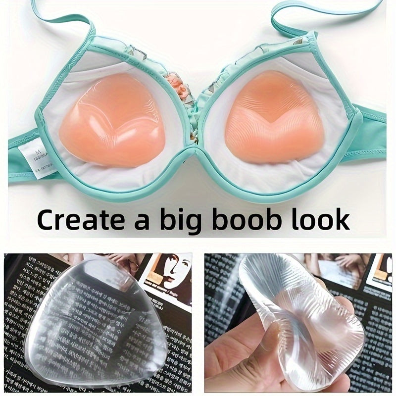 Silicone bra inserts for invisible cleavage boost, fits bras and swimwear, waterproof and reusable.