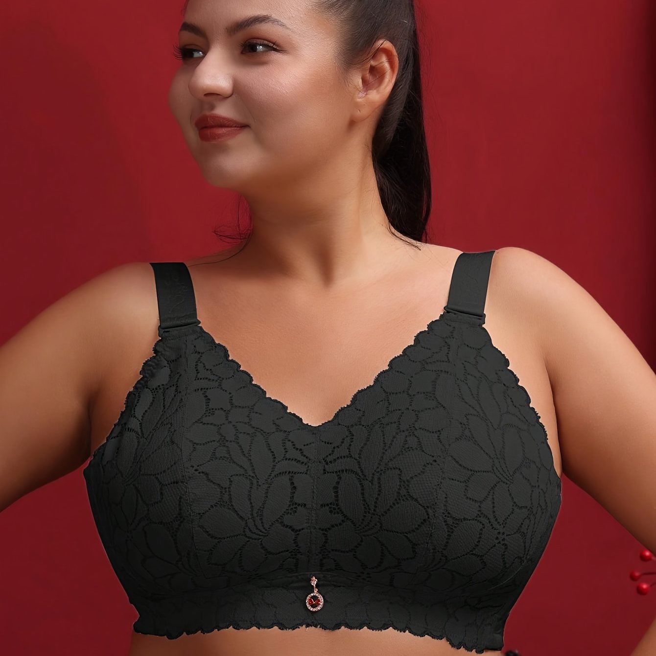 Stylish French-inspired plus size lace bralette with floral print - thin, wireless, breathable, and slimming.