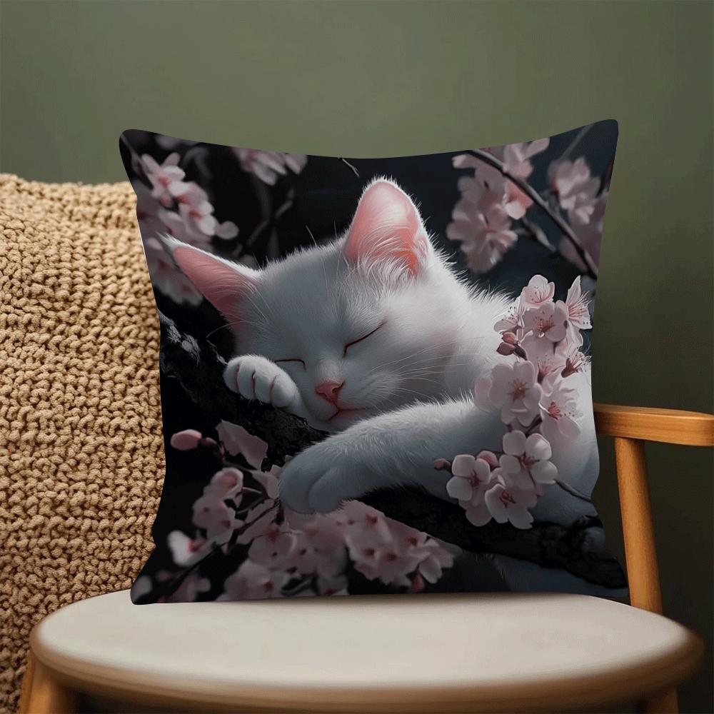 White Cat and Cherry Blossoms Cushion Cover - 1 piece, 45.01cm, Machine Washable with Zip Closure - Perfect Decorative Pillow Case for Sofa, Living Room, and Bedroom. Ideal for Summer and Fall Decor (Cushion Not Included)