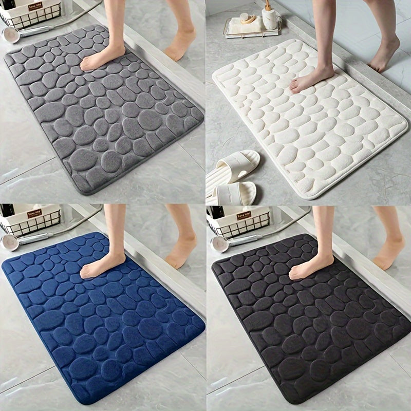 1pc Geometric Pattern Memory Foam Bath Rug with PVC backing, machine washable, low pile, flat woven polyester. Non-slip and absorbent, suitable for bathroom or toilet use. 670gsm, 1.5cm thick.