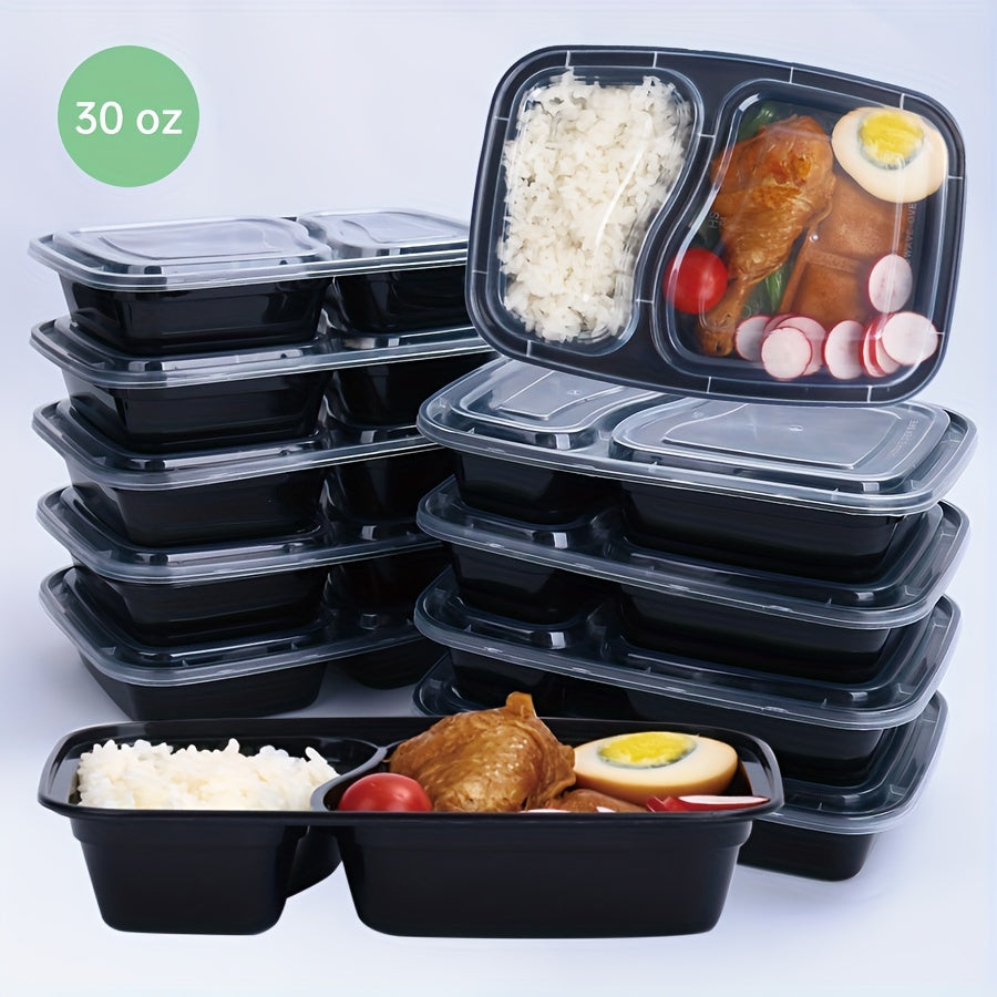 30 sets of 50 plastic black containers with lids, each container holding 30 ounces. These food storage containers are BPA free, stackable, and leakproof, making them perfect for bento boxes. They are also safe to use in the microwave. These kitchen