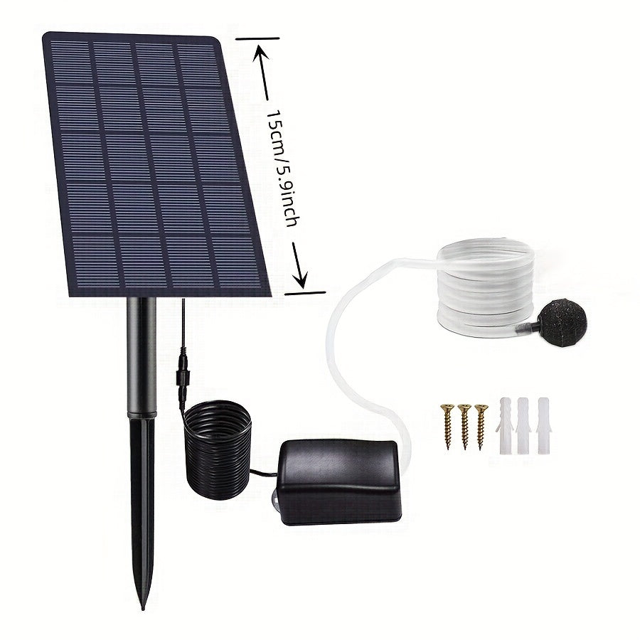 Solar powered air pump kit for garden fish tank pool fishing, includes 2.5W solar panel, air pump, hoses, and stones.