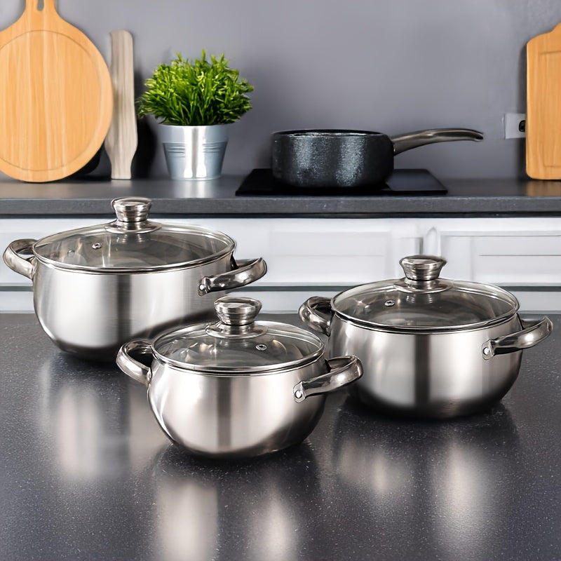 7-Piece Induction Compatible Stainless Steel Cookware Set with Glass Lids, Ergonomic Handles, Includes 3 Stockpots, Ladle, Ideal for Soup, Stew, and Cooking. Dishwasher Safe and Comes with a Bonus Essential Kitchen Gift.