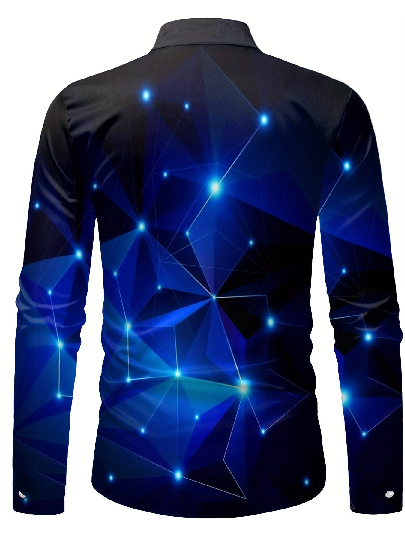 Men's Blue Starry Night Geometric Long Sleeve Shirt - Casual Polyester Blend, Button-Up with Chest Pocket, Machine Washable