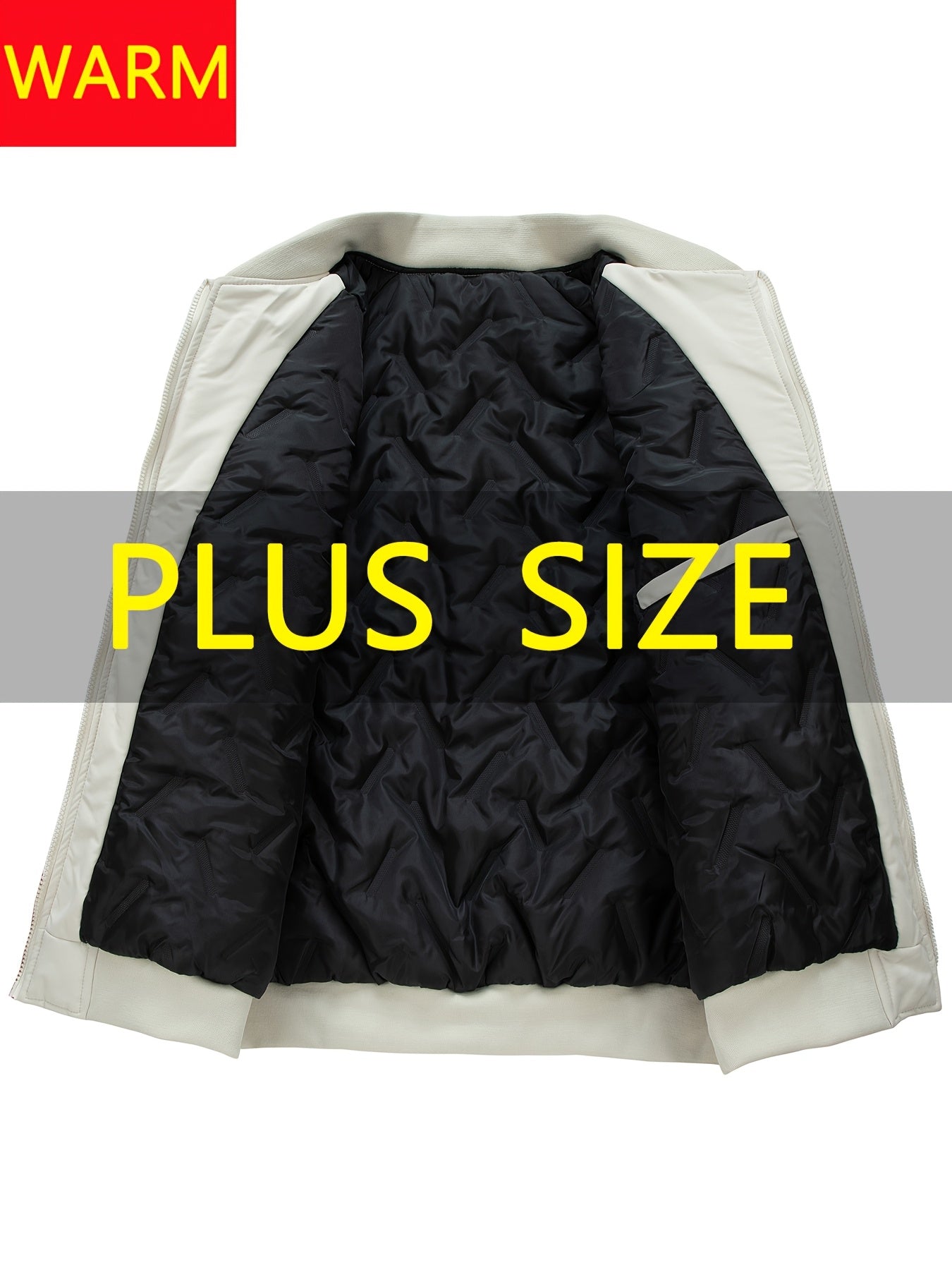 Men's plus size casual jacket with baseball collar, zip pockets, loose fit, solid color polyester.