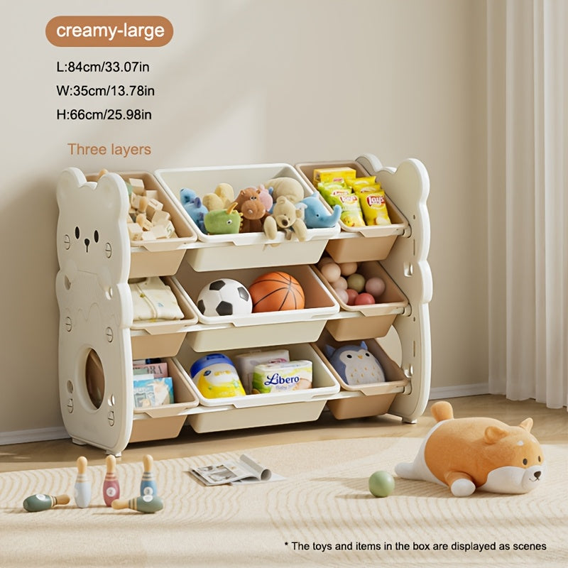 3-tier storage organizer with bins for toys, books, and clothes. Ideal for playroom and bedroom.