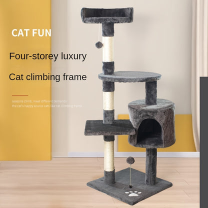 Premium wood fiber cat climbing tower for indoor cats, with scratching posts, cozy condo, and hanging toys.