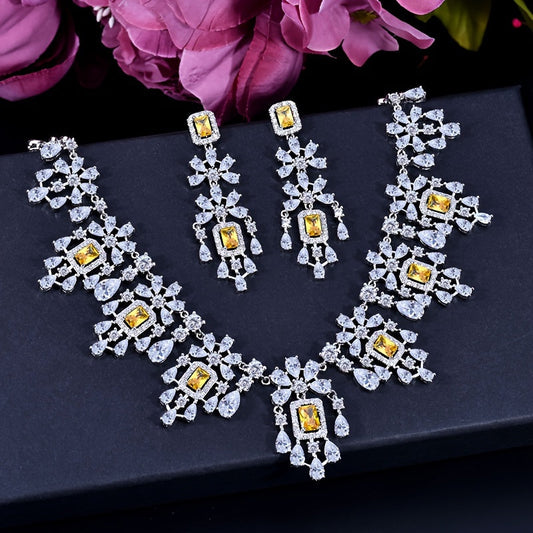 Silver-plated copper jewelry set with synthetic cubic zirconia in a blend of Arabic and Western designs - stunning bridal necklace and earrings set perfect for weddings and special occasions, a versatile accessory for all seasons.