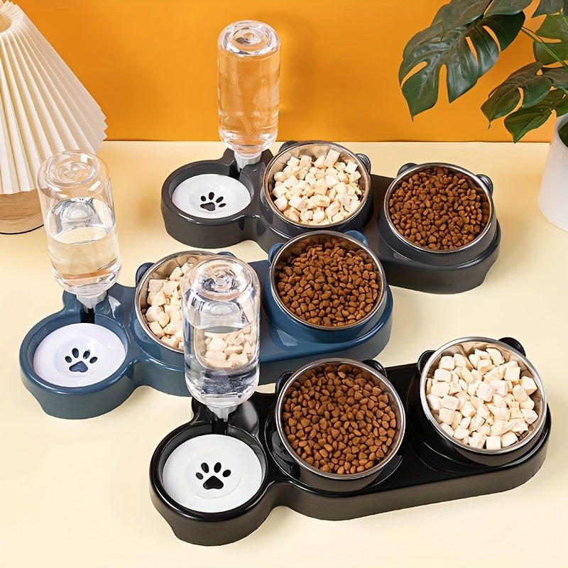 Dual bowl pet feeder and water dispenser made of stainless steel and plastic with easy sloped design for cats and dogs.