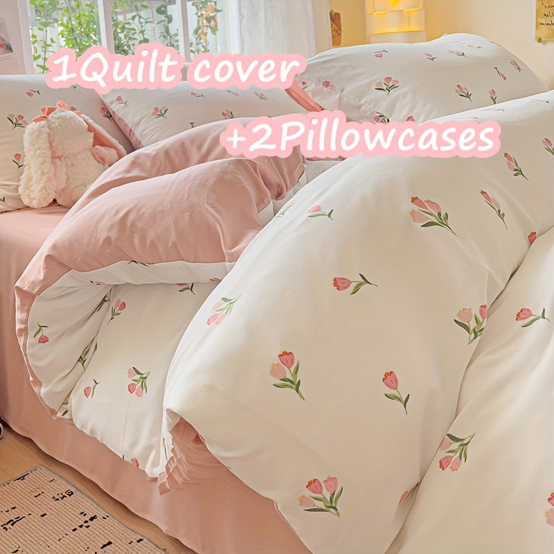 3-piece bedding set includes 1 quilt cover and 2 pillowcases with floral design. Cozy, breathable, and suitable for all seasons. Machine washable with no fading or deformation. Ideal for a