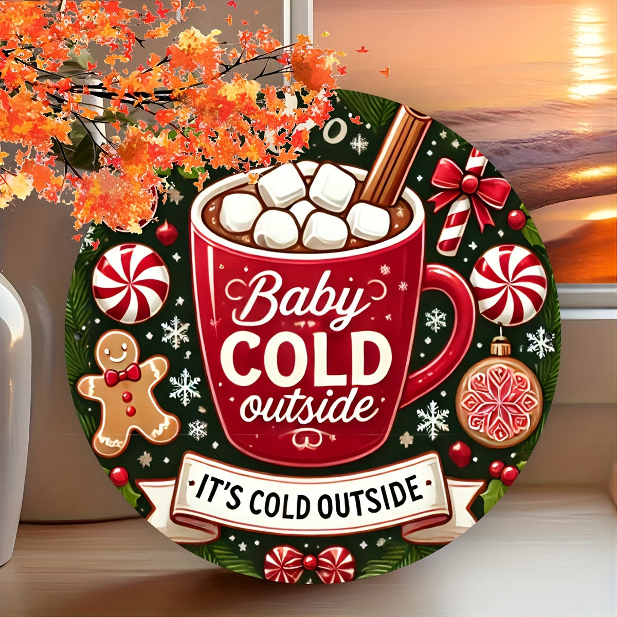 1 piece of 8x8 inch (20x20cm) round tin sign featuring a charming gingerbread baby design with the phrase "Baby It's Cold Outside." This metal sign is perfect for adding a festive touch to your home, cafe, or bar decor. It also makes a unique and