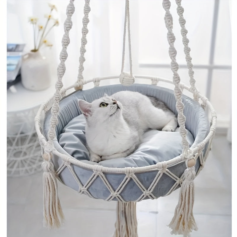 Woven rope cat hammock bed for indoor cats.