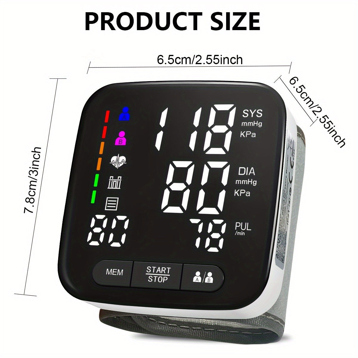 Adult home wrist sphygmomanometer with large backlit display, arrhythmia detector, and memory readings.