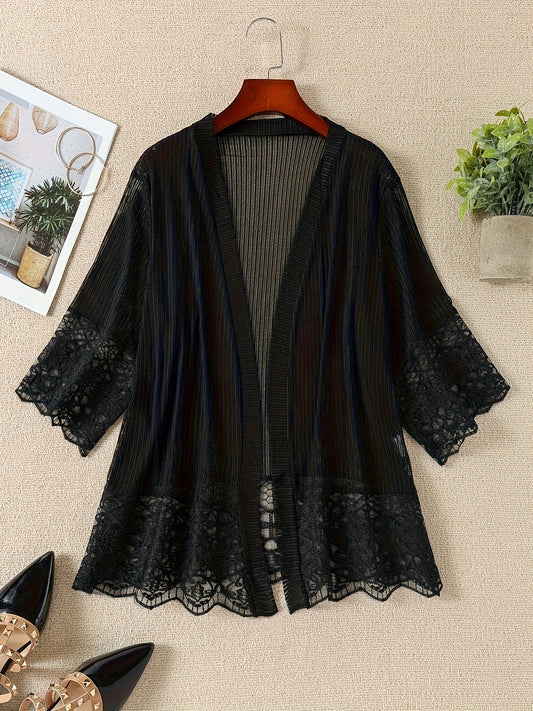 Stylish lace mesh kimono cardigan for plus size, solid color open front cover-up, machine washable, short length