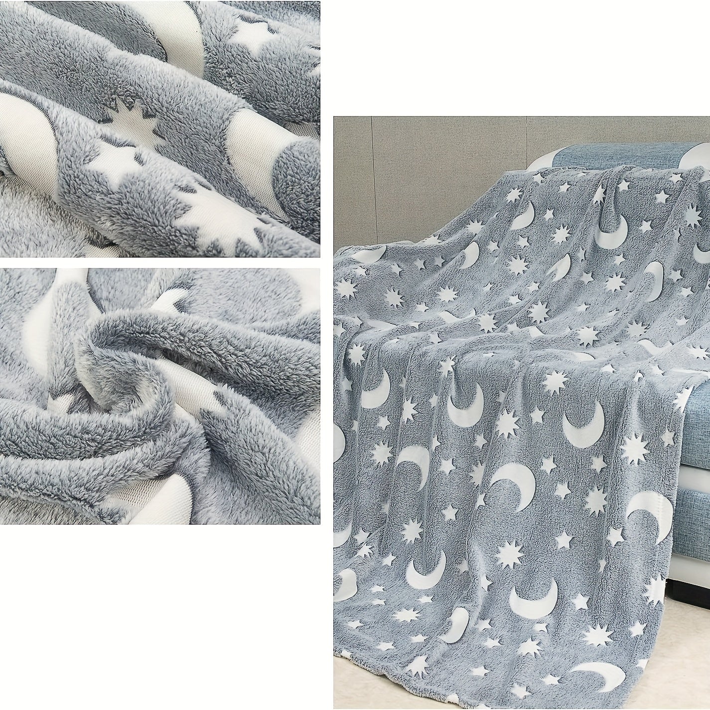 Soft, durable, and hypoallergenic, this cozy throw blanket features glow-in-the-dark stars and moons. Perfect for all seasons, it is ideal for adding a touch of comfort to your bedroom, living room, or when traveling.