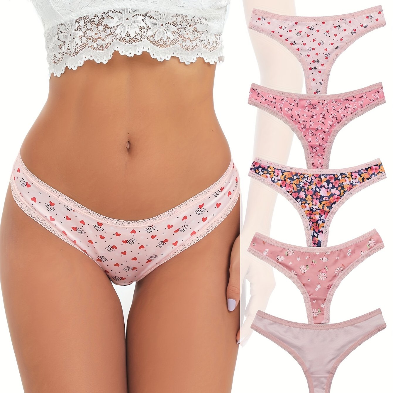 Pink floral & leopard print thongs with lace trim - 5 pieces, low rise, stretchy women's underwear.