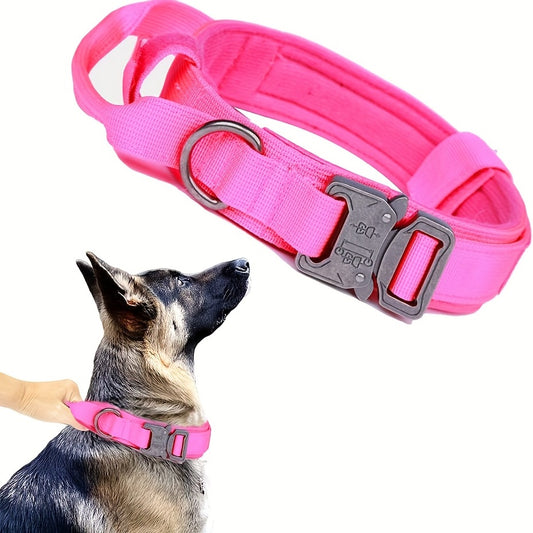 Adjustable tactical dog collar with heavy-duty metal buckle for training and walking.