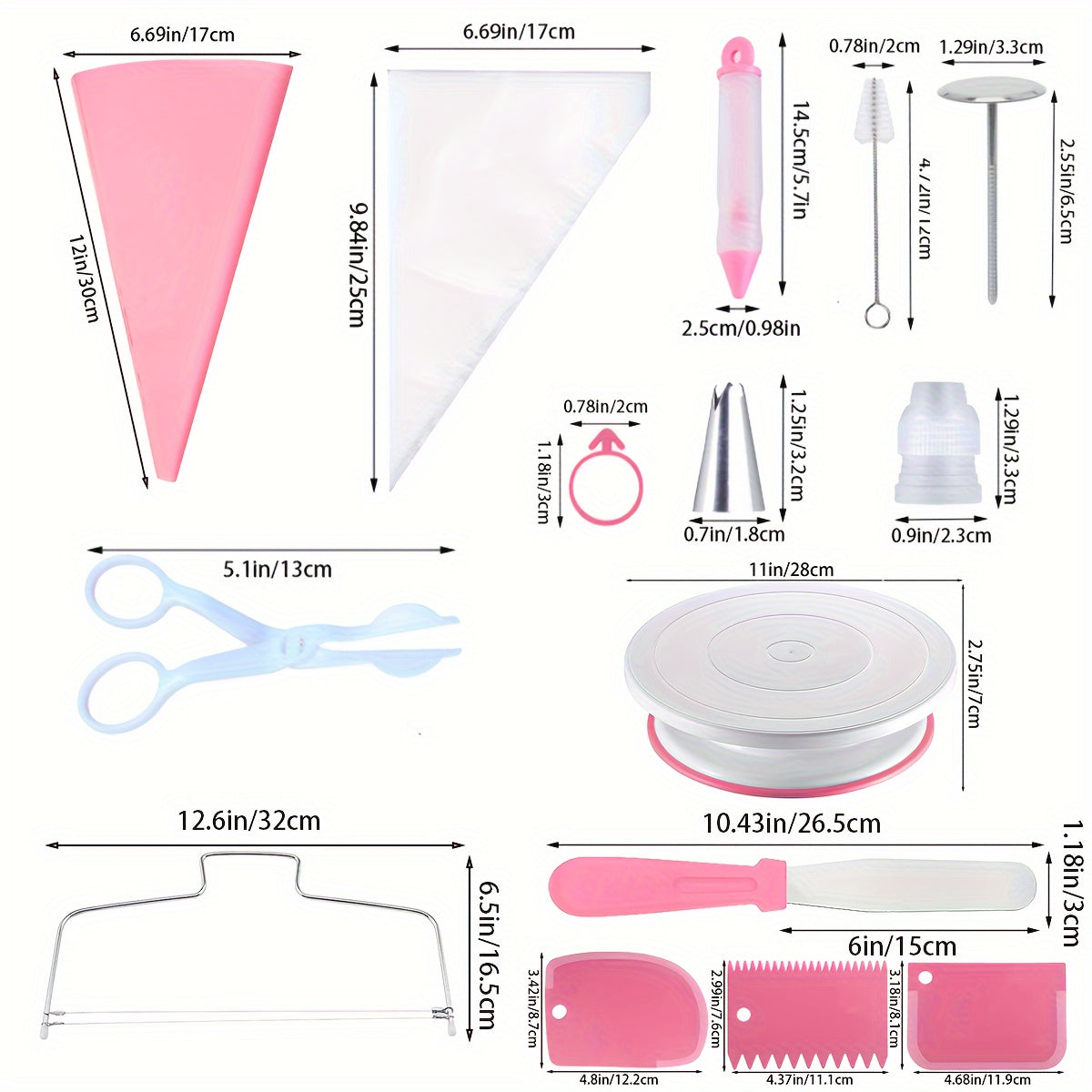 128-piece cake decorating kit with pink turntable, stainless steel piping tips, reusable and disposable pastry bags, silicone spatula, cream scrapers, flower nails, scissors, and pen. Ideal