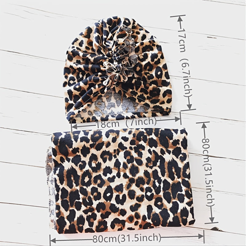 Leopard Print Baby Hat and Bag Towel Set, Throw Blanket for Infants 0-6 Months