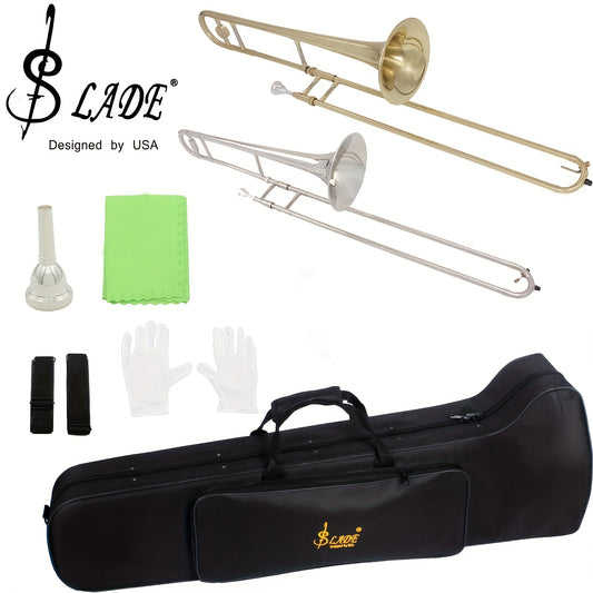 SLADE Classic Brass Trombone - Bb, Golden/Silvery Finish with Protective Case, Ideal for Beginners & Ensembles