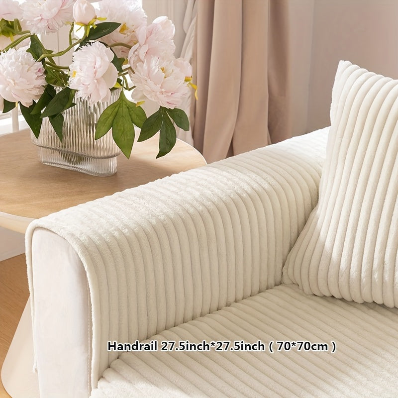 Thick plush sofa cover with stripes for winter, non-slip and anti-dirty. Modern style for home protection and decoration.