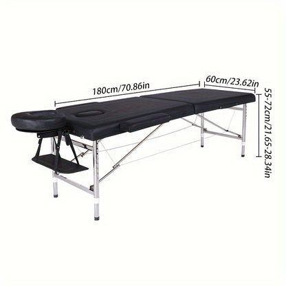 Foldable and portable adjustable height massage table with face pillow and suspension design, ideal for home, spa, and tattoo parlors.