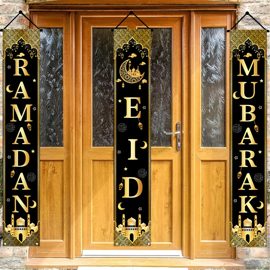 3-Piece Eid Mubarak Decor Set with Black & Golden Ramadan Door Banners featuring moon design, perfect for home & party decoration.