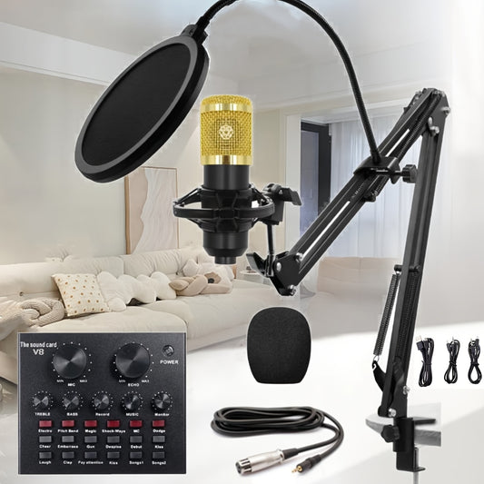 Complete set for recording on mobile phones and laptops, ideal for KTV singing and live streaming with a high-quality black condenser studio microphone, suspension arm, and pop filter.