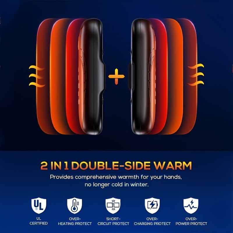 Stay warm on the go with this Portable Dual-Sided Heated Hand Warmer. Featuring a powerful 6000mAh lithium battery and USB rechargeable design, this hand warmer provides up to 5-10 hours of heat on a single charge. Made of durable ABS material, it is