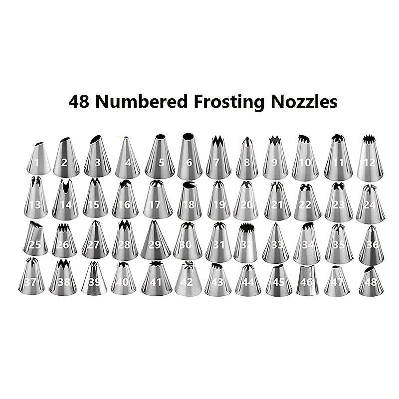 A set of 48 Stainless Steel Icing & Piping Tips for DIY Cake Decorating, including Cream Pastry Bag Nozzle, perfect for Baking and Kitchen Supplies.