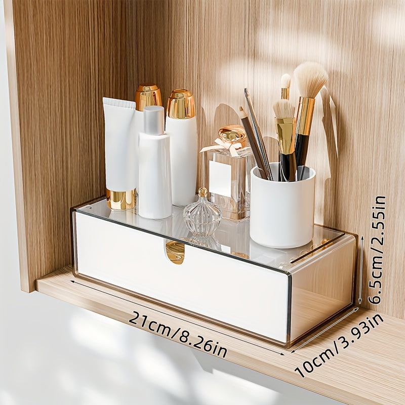 Cosmetics storage box with drawers, stackable design for bathroom and bedroom organization.