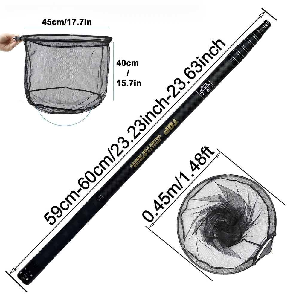 Telescopic portable net set with ultra-short design and anti-slip handle. Made with carbon cloth material pole and dense hole nylon net. Features a universal connection port and can be